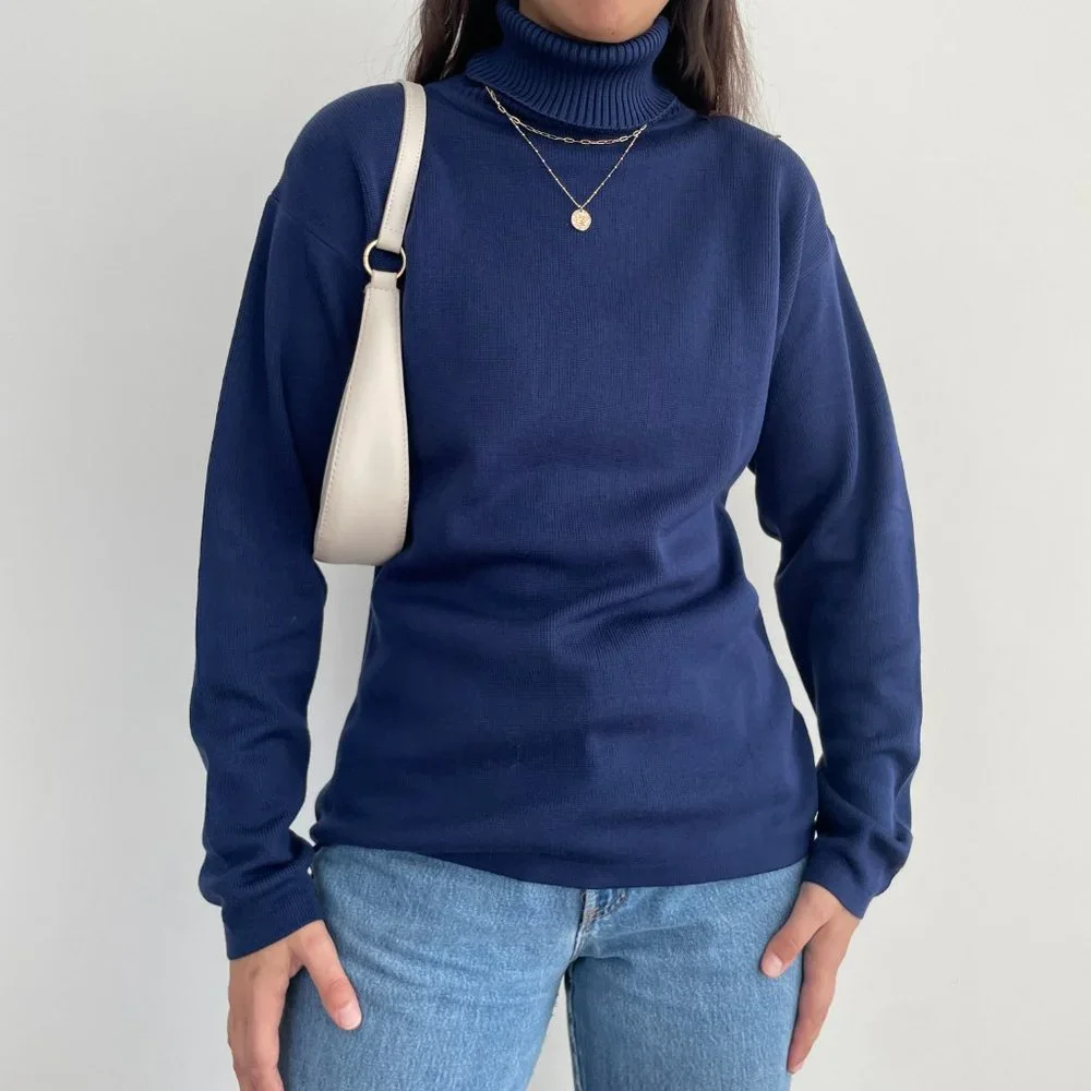 Vintage Belford 100% silk knit long sleeve turtleneck sweater in navy blue L - Picture 3 of 11